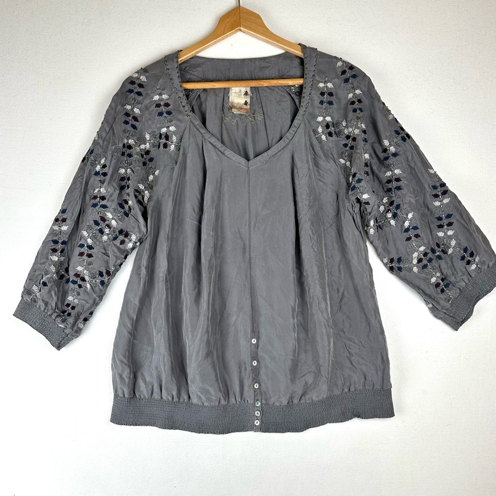 Da-Nang Silk Embroidered & Beaded Tunic Blouse Peasant‎ Boho